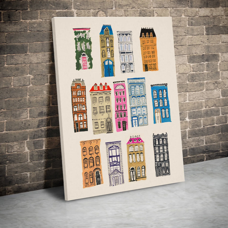 Colorful Cityscape Canvas Art | Whimsical Apartment Buildings Illustration | Premium Thick Gallery Wrap | Urban Home Decor Gift