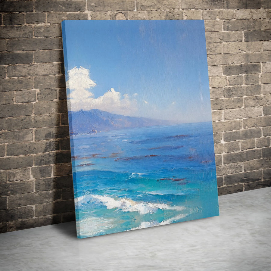 Coastal Seascape Wall Art | Mountain Ocean Beach Painting | Premium Gallery Wrap Canvas | Modern Beach House Decor for Living Room