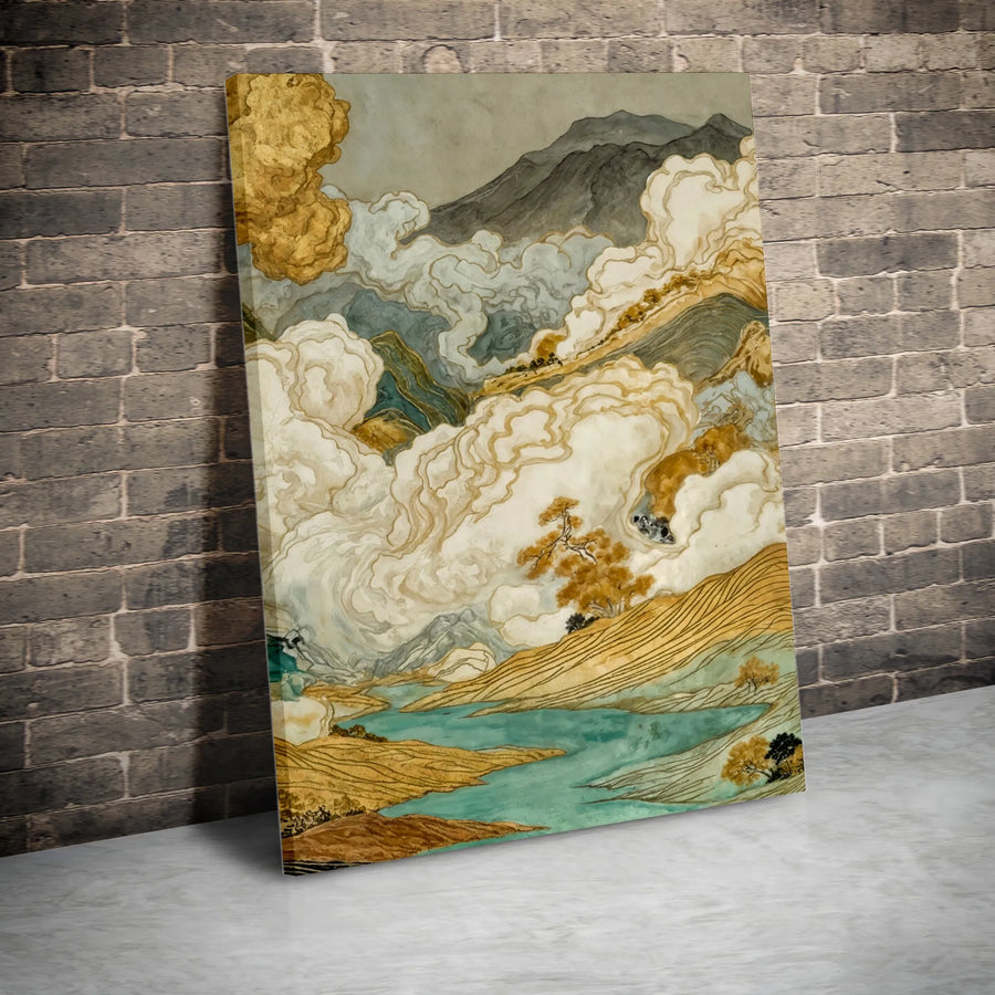 Vintage Japanese Landscape Vertical Canvas | Gold Clouds & Teal Mountain River Print | Premium 1.25” Gallery Wrap Profile | Zen Office & Home Decor Gift