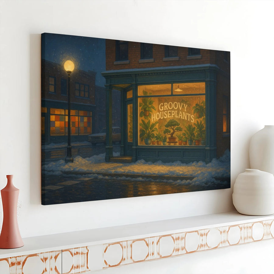 Groovy Houseplants Canvas Print | Snowy Night Shop Window Decor | Gallery Wrap Premium Wall Art | Cozy Botanical Gift For Plant Lovers