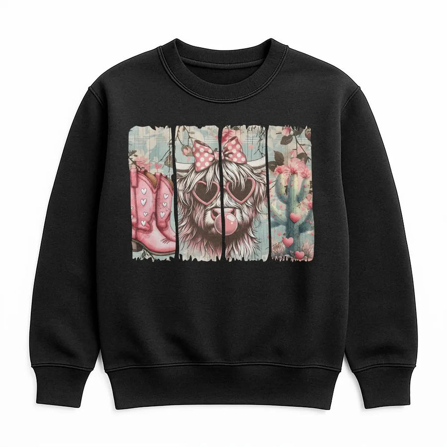 Highland Cow Valentine Sweatshirt | Western Pink Cowgirl Aesthetic | Soft Cotton Blend Crewneck | Cute Heart Pattern Gift for Her