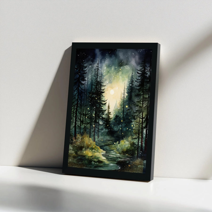 Enchanted Forest Canvas Wall Art | Watercolor Night River & Fireflies | Premium 1.25" Gallery Wrap | Nature Lover Home Decor Gift