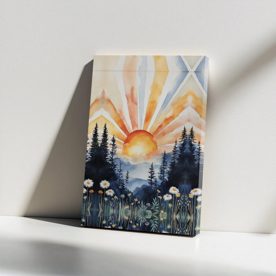 Watercolor Forest Sunrise Vertical Canvas | Boho Pine Trees & Daisy Meadow Art Print | 1.25 In Gallery Wrapped Premium Canvas | Nature Lover Gift, Living Room Wall Decor