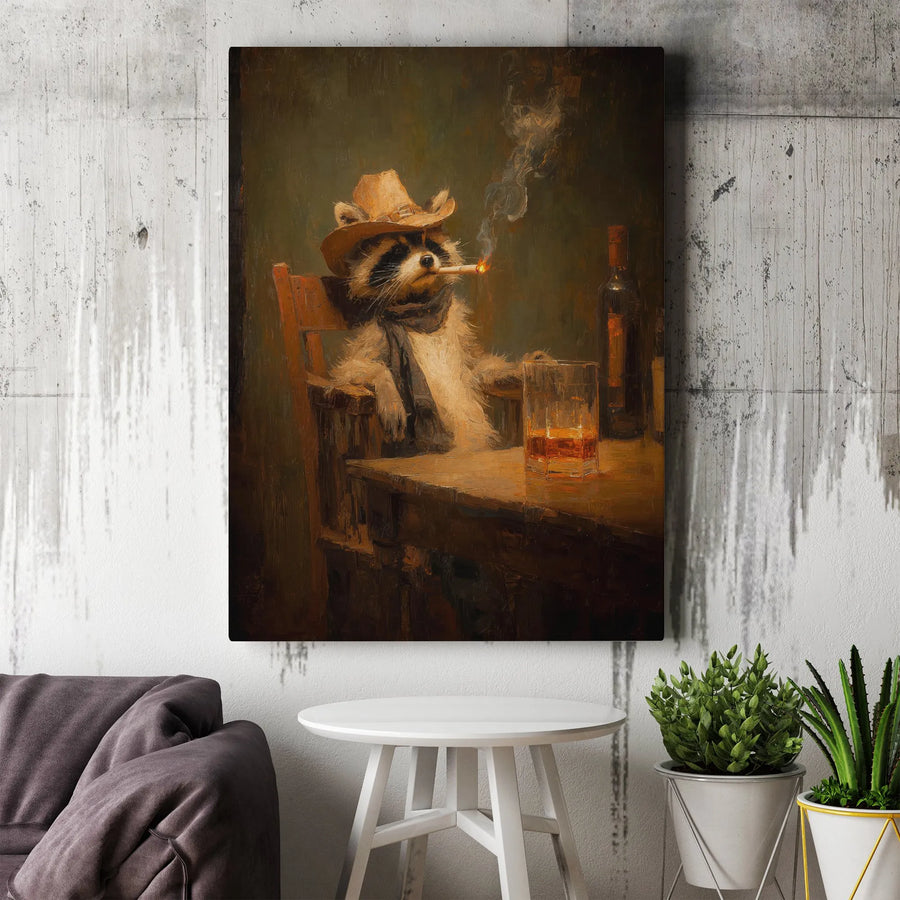 Cowboy Raccoon Wall Art | Rustic Western Whiskey Bar Decor | Gallery Quality 1.25" Canvas | Unique Animal Lover Gift