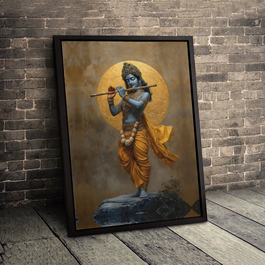 Lord Krishna Playing Flute Wall Art | Spiritual Golden Halo Hindu Deity Canvas | Premium Gallery-Wrapped Print | Devotional Home Decor Gift