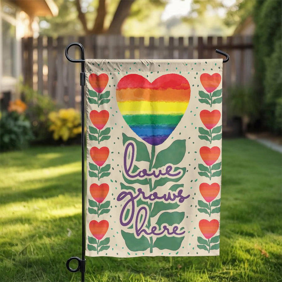 Love Grows Here Garden Flag | Rainbow Heart Pride Yard Decor | Weather-Resistant Polyester | LGBTQ+ Outdoor Banner Gift for Garden