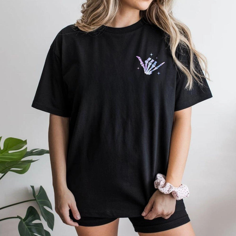 Shaka Skeleton Hand T-Shirt | Iridescent Aesthetic Graphic Tee | Premium Cotton Casual Wear | Trendy Boho Surf Gift for Men and Women