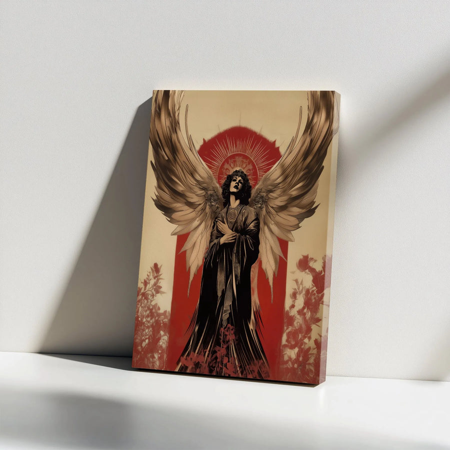 Gothic Angel Canvas Wall Art | Red Sunburst Halo Surrealist Print | Premium Gallery Wrap Wooden Frame | Dark Academia Home Decor Gift