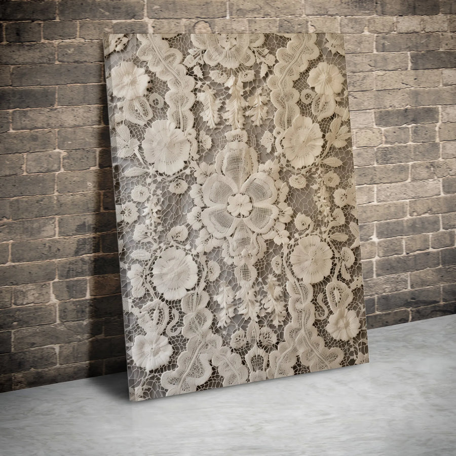 Vintage Floral Lace Canvas Wall Art | Cream Botanical Pattern | Premium 1.25-Inch Gallery Wrap | Elegant Neutral Home Decor for Living Room