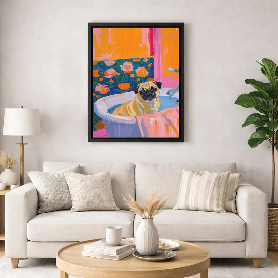 Pug in Bathtub Canvas Art | Colorful Modern Dog Wall Decor | Premium 1.25" Gallery Wrap | Unique Gift for Dog Lovers