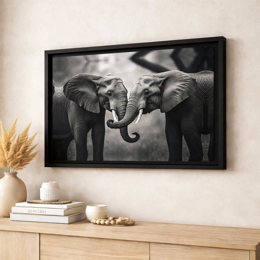 Elephant Canvas Wall Art | Intertwined Trunks Black and White Print | 1.25-inch Premium Gallery Wrap | Modern Home Office Decor Gift