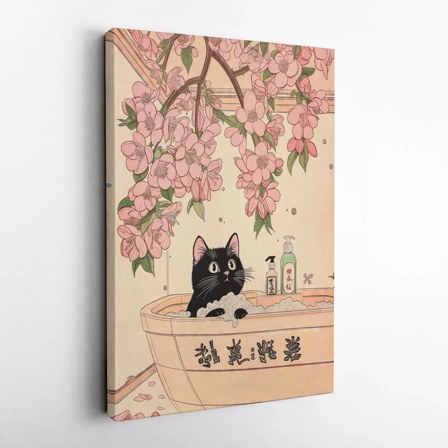 Black Cat Bathing Canvas Print | Japanese Ukiyo-E Sakura Cherry Blossom Wall Art | Premium Gallery Wrapped Decor | Unique Cat Lover Gift