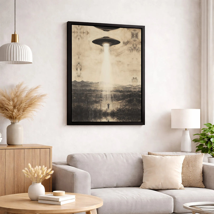 UFO Abduction Canvas Wall Art | Vintage Alien Spaceship Beam Poster | Premium Gallery Wrap Decor | Sci-Fi Collector's Gift for Home Office