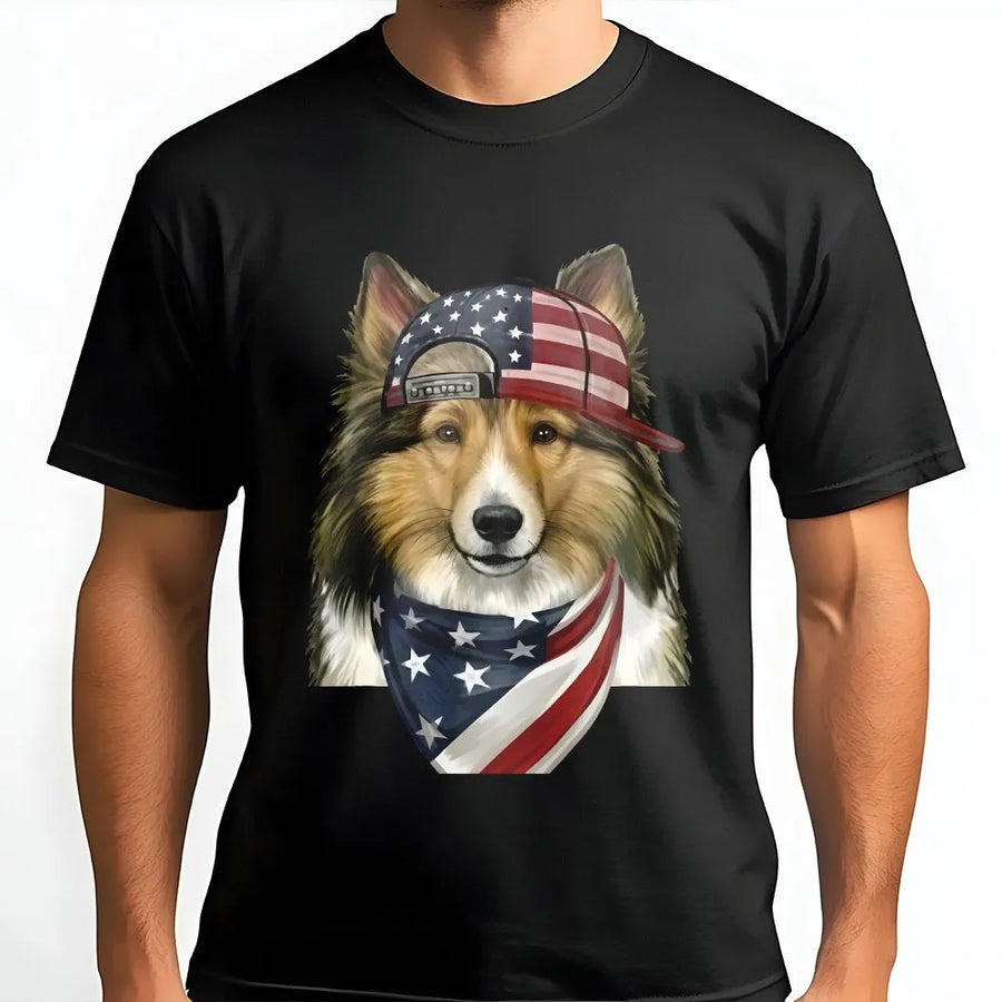 Patriotic Dog T-Shirt | Herding Dog with American Flag Bandana | Premium Graphic Sweatshirt | 4th of July Gift for Dog Lover