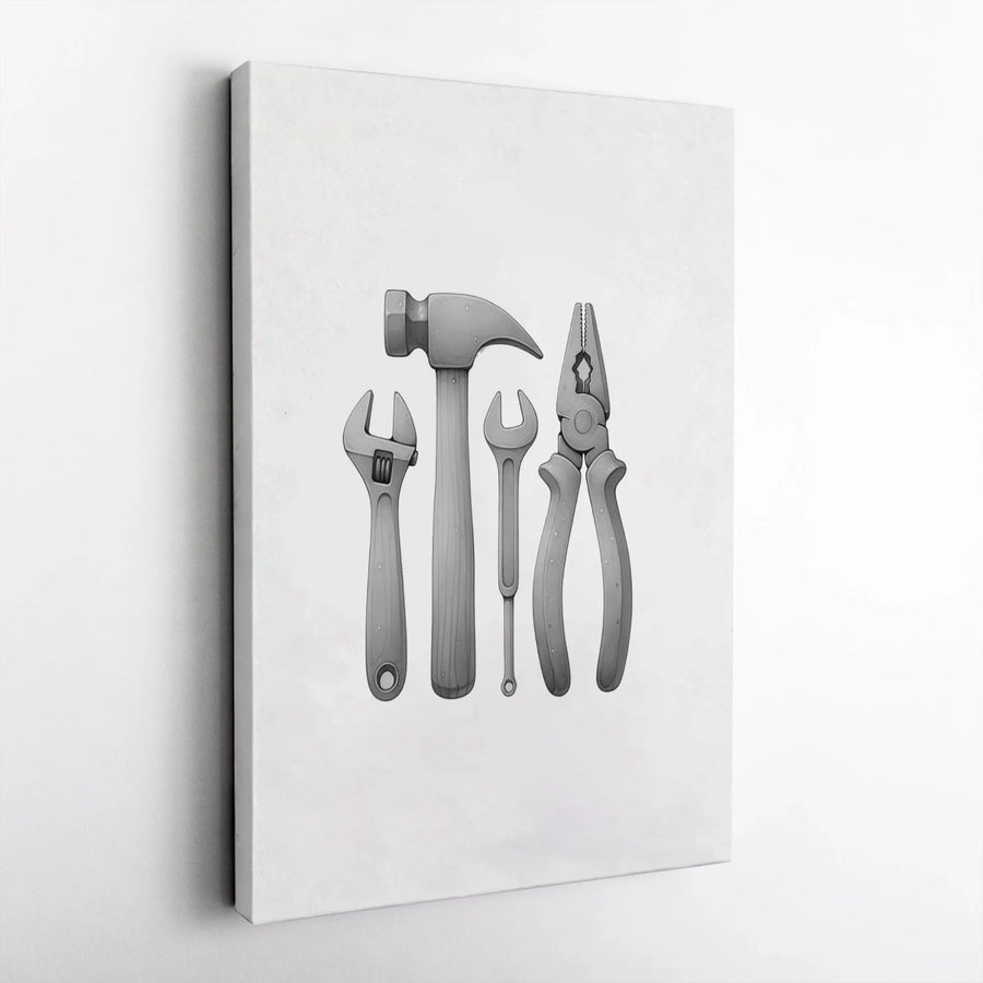 Hand Tools Wall Art Canvas | Grayscale Workshop Equipment Illustration | Premium Gallery Wrap Print | Man Cave Decor Gift For Him