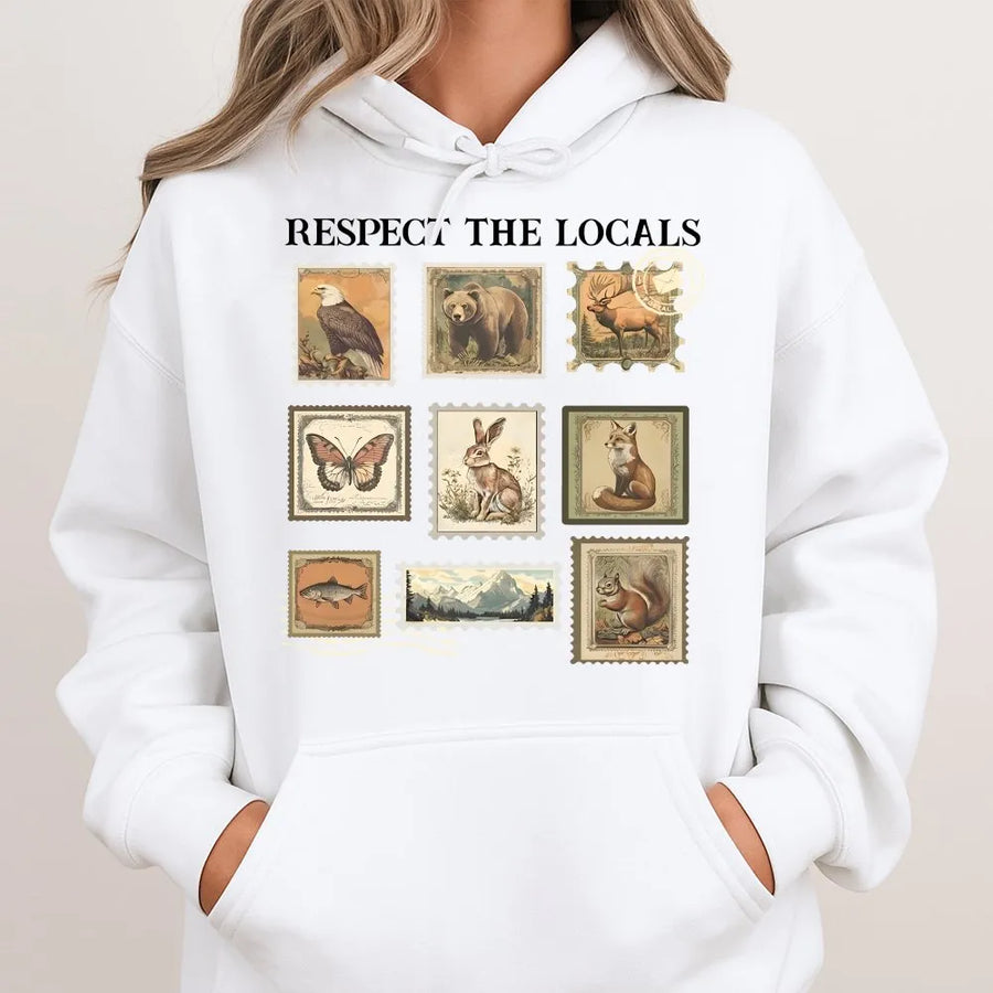Respect The Locals Wildlife Hoodie | Vintage Postage Stamp Animal Graphic | Premium Soft Cotton | Gift for Nature Lover & National Park Hiker