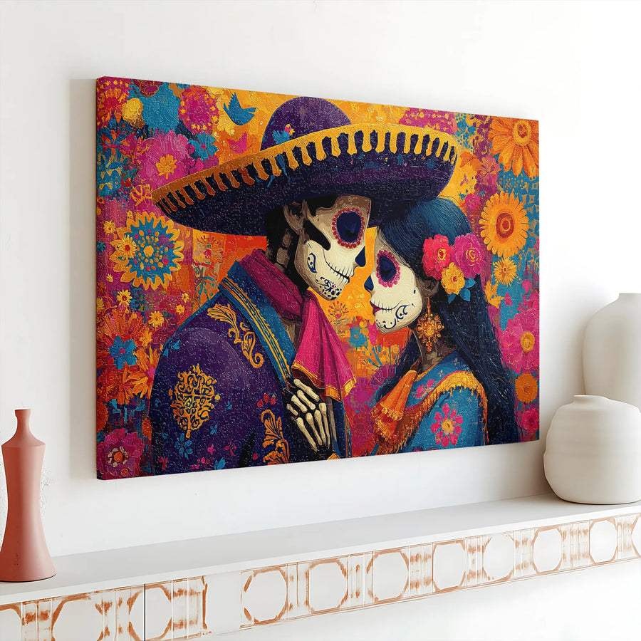 Day of the Dead Canvas Wall Art | Sugar Skull Couple in Love Portrait | Premium Gallery Wrap 1.25" Frame | Romantic Mexican Folklore Home Decor Gift