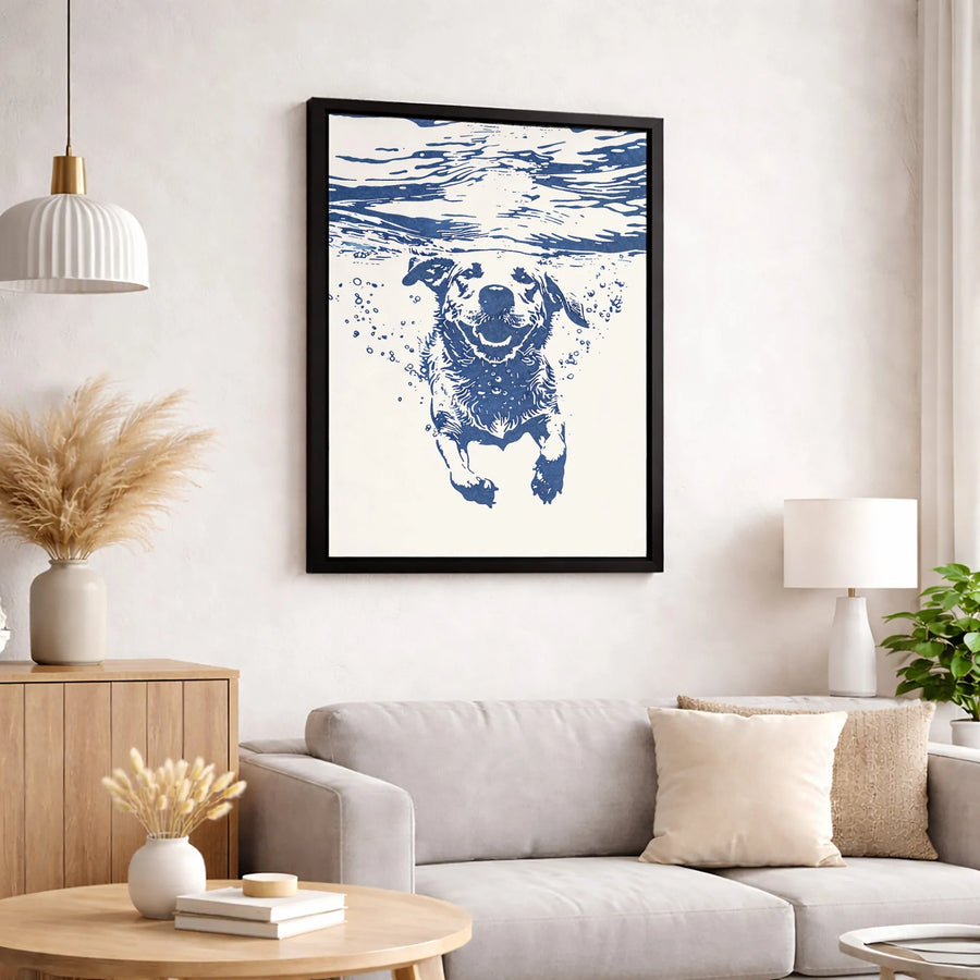Swimming Dog Canvas Wall Art | Blue Underwater Dog Portrait | 1.25-Inch Thick Premium Gallery Wrap | Modern Animal Decor Gift For Dog Lovers