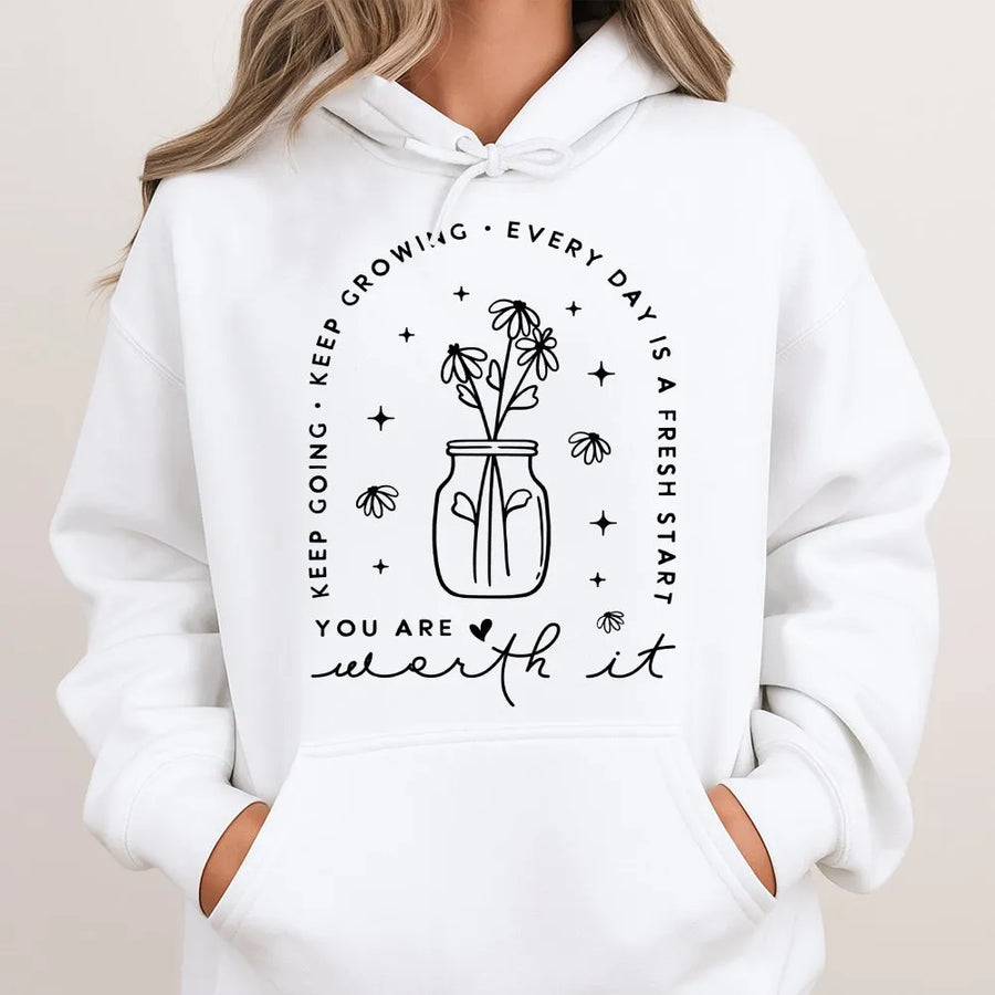Mental Health Hoodie | You Are Worth It Floral Design | Premium Cotton Blend | Inspirational Self Care Gift for Her