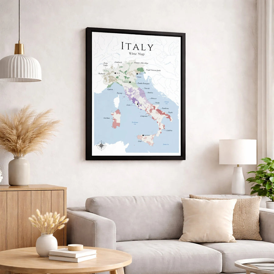 Italy Wine Map Canvas | Detailed Italian Viticulture Regions Art | Premium Gallery Wrapped Wall Decor | Perfect Gift For Wine Lovers