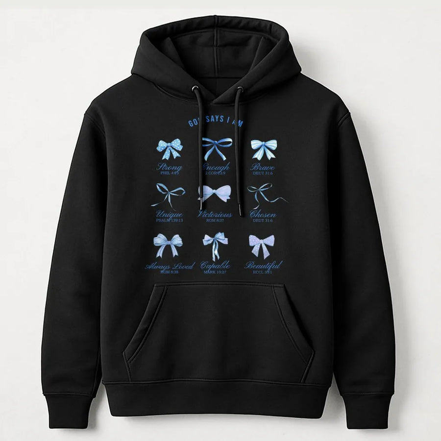 God Says I Am Hoodie | Christian Coquette Blue Bows Bible Verse Design | Soft Cotton Blend Pullover | Inspirational Gift for Her