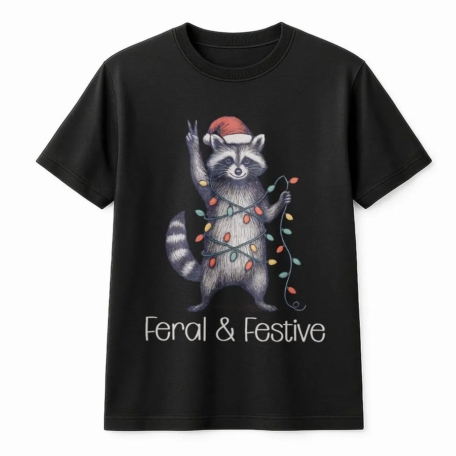Feral and Festive Raccoon T-Shirt | Funny Christmas Animal Graphic Tee | Premium 100% Cotton Apparel | Holiday Gift for Animal Lovers