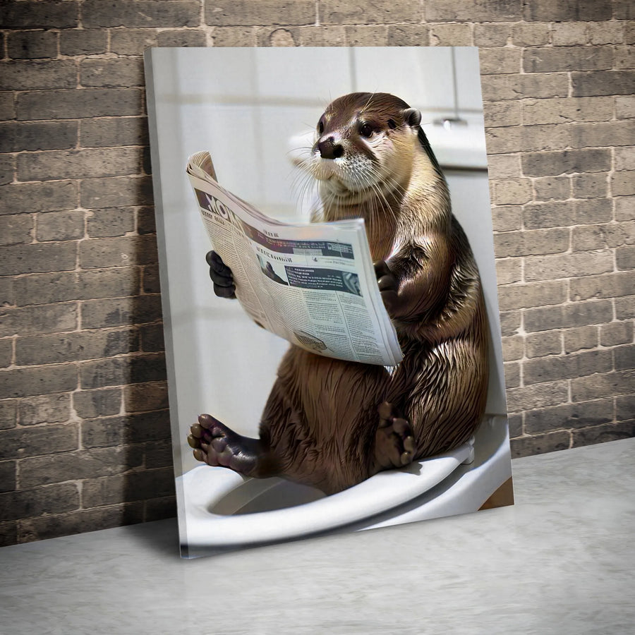 Funny Otter Reading Newspaper on Toilet Canvas Art | Whimsical Bathroom Wall Decor | Premium Fade-Resistant Print | Quirky Gift for Animal Lovers
