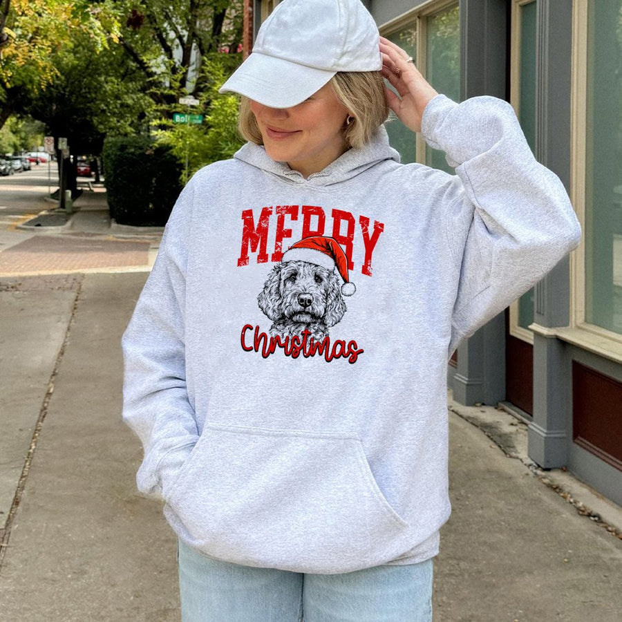 Labradoodle Merry Christmas Hoodie | Santa Hat Dog Graphic Print | Premium Cotton Blend Pullover | Cute Holiday Gift For Dog Lovers