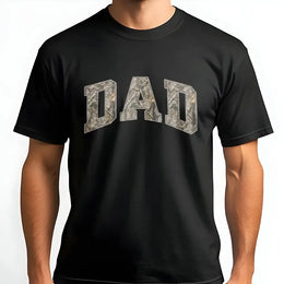 Camo Dad T-Shirt | College Style Camouflage Print | Premium Cotton Blend Pullover | Gift for New Father, Hunter Dad, Outdoorsman