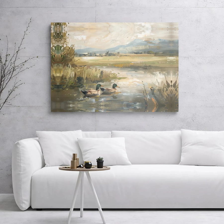 Mallard Duck Canvas Wall Art | Impressionist Pond Landscape Painting | Premium Gallery Wrapped Decor | Nature Lover Gift for Home Office