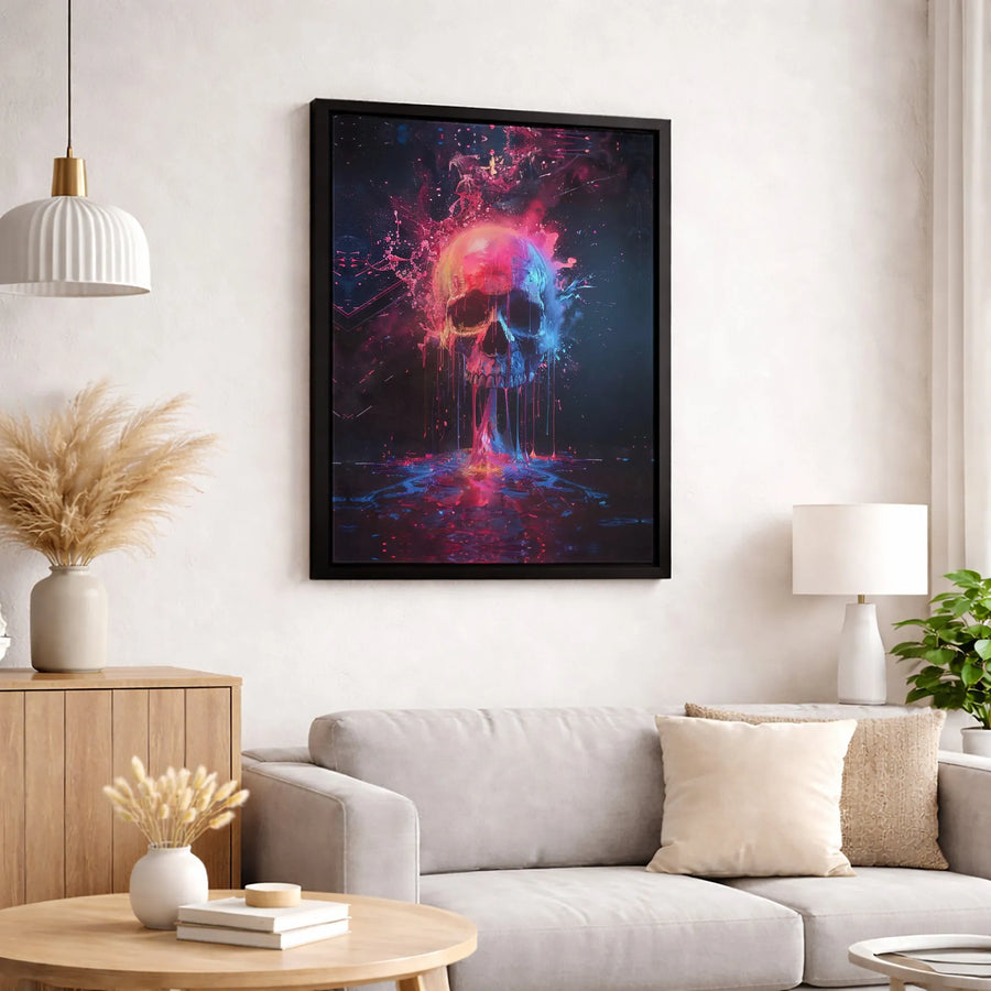 Neon Skull Canvas Art | Abstract Paint Splatter Wall Decor | Premium 1.25-Inch Gallery Wrap | Gothic Modern Home Office Gift