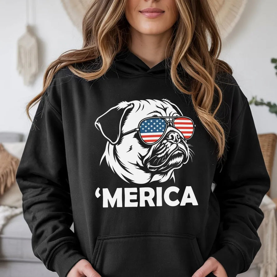 Funny Merica Pug Hoodie | Pug with American Flag Sunglasses | Cozy Unisex Pullover | Gift for Pug Owner