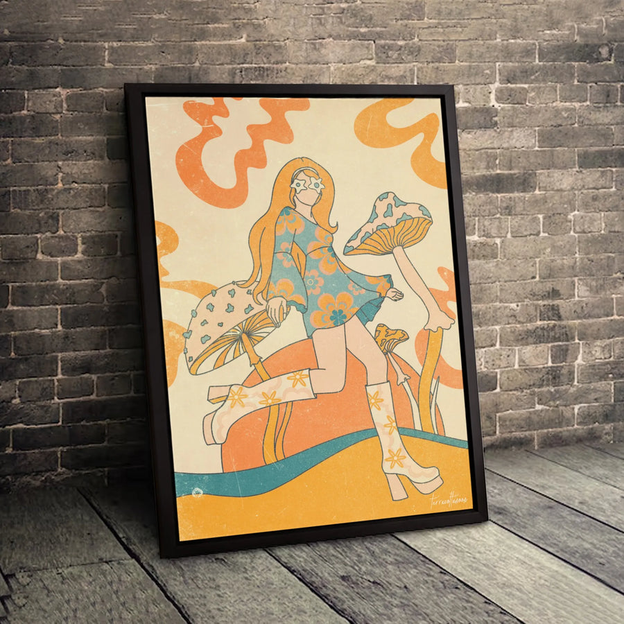 Groovy 70s Girl Wall Art | Psychedelic Mushroom Decor | Premium Gallery-Wrap Canvas | Retro Aesthetic Gift for Her