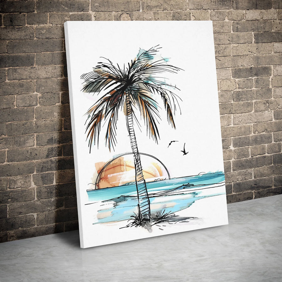 Palm Tree Canvas Print | Minimalist Watercolor Beach Sunset Art | Gallery Wrapped Premium Wall Decor | Coastal Boho Home Office Gift