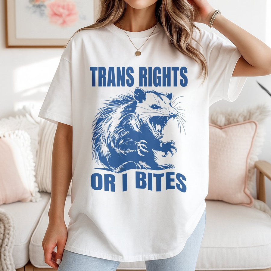 Trans Rights Or I Bite T-Shirt | Funny Opossum Graphic Tee | Premium 100% Cotton Unisex Apparel | LGBTQ Pride Gift For Queer Allies