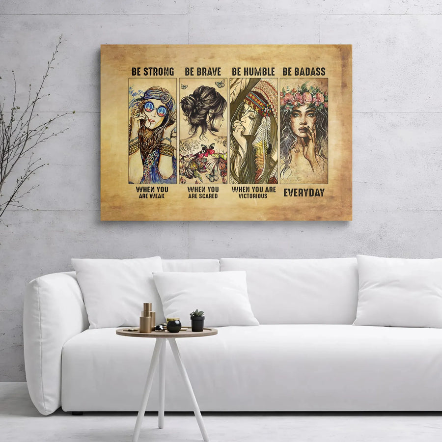 Inspirational Women Wall Art | Be Strong Brave Humble Badass Quote Canvas | Premium Gallery Wrapped Decor | Empowerment Gift for Her