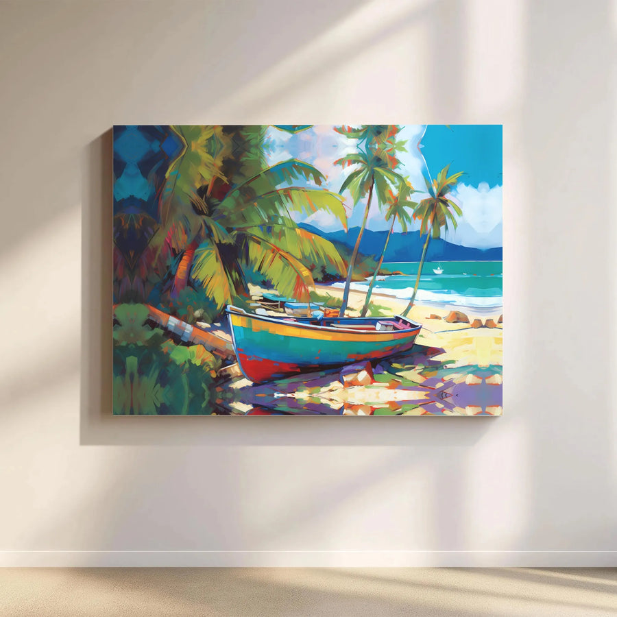 Tropical Beach Canvas Art | Colorful Fishing Boat & Palm Tree Seascape | Premium Stretched Canvas Print | Coastal Living Room Decor Gift