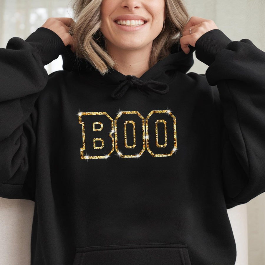 Boo Halloween Hoodie | Gold Glitter Text Graphic Sweatshirt | Premium Cotton Blend | Cute Spooky Fall Outfit for Women & Teens