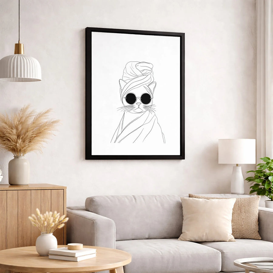 Cat in Towel and Sunglasses Canvas Wall Art | Minimalist Line Drawing | Premium Gallery-Wrapped 1.25 Inch Profile | Fun Bathroom Home Decor Gift