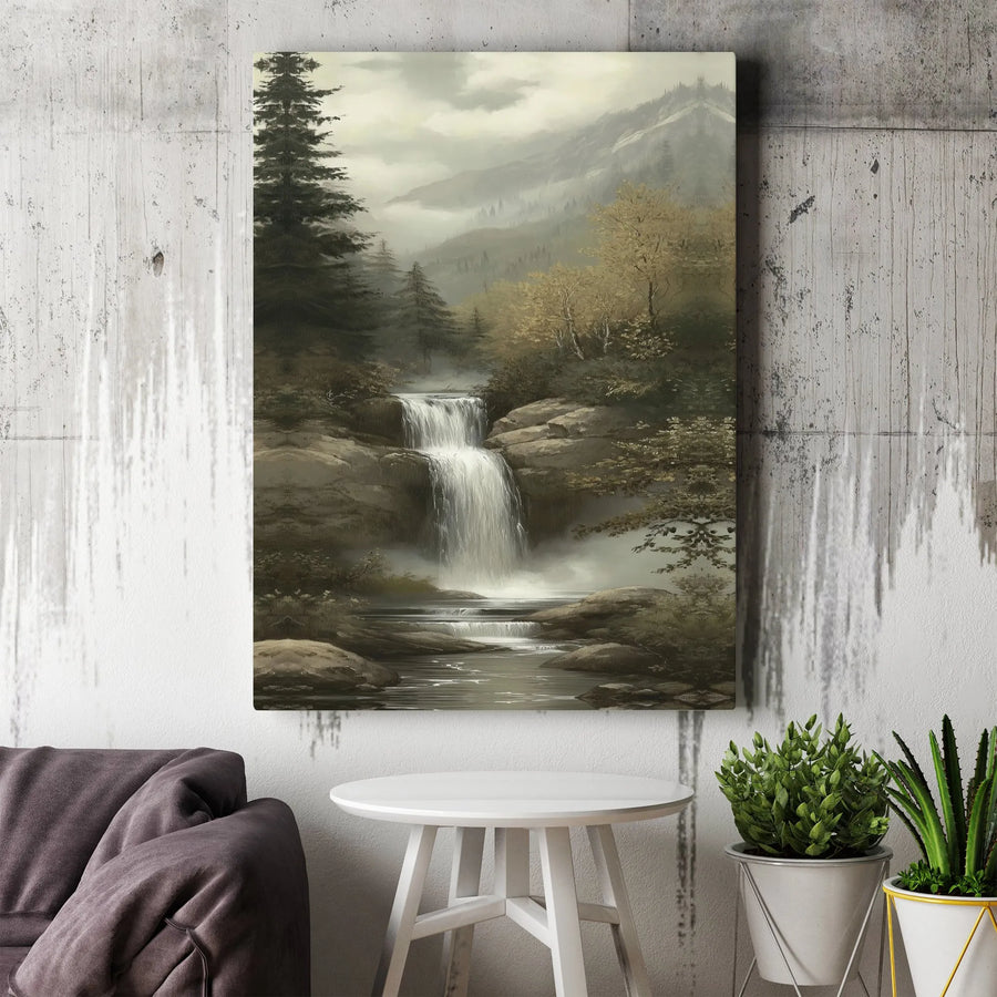 Forest Waterfall Canvas Wall Art | Moody Mountain River Landscape Painting | Premium Gallery Wrap Print | Nature Home Decor Gift For Nature Lovers