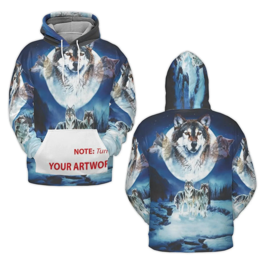 Wolf Hoodie | Moonlit Snowy Landscape 3D Graphic Design | Premium Soft Polyester Fleece | Unisex Animal Lover Gift