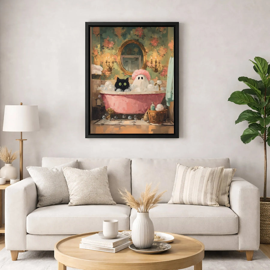 Black Cat and Ghost in Bathtub Canvas | Whimsical Bathroom Wall Art | Premium Fade-Resistant Print | Cute Spooky Home Decor Gift