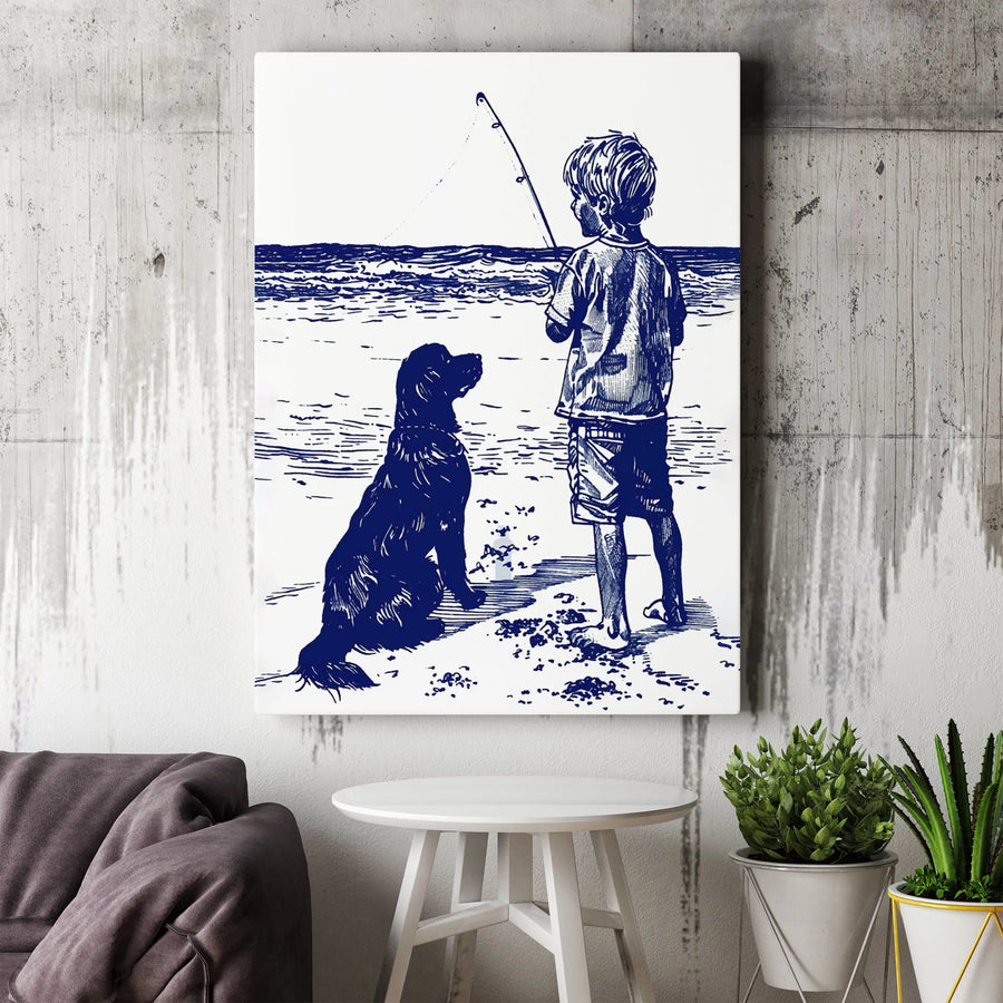 Boy and Dog Fishing Canvas Wall Art | Minimalist Seaside Sketch | 1.25" Thick Gallery Canvas | Gift for Dad, Fisherman Coastal Decor