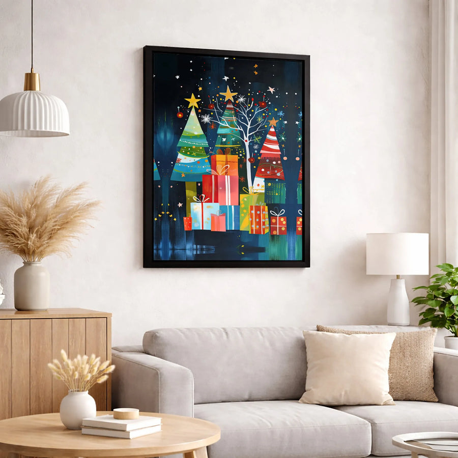 Abstract Christmas Tree Canvas Art | Colorful Holiday Gift Boxes Print | Gallery-Quality 1.25 Inch Framed Wall Decor | Festive Home Interior Gift