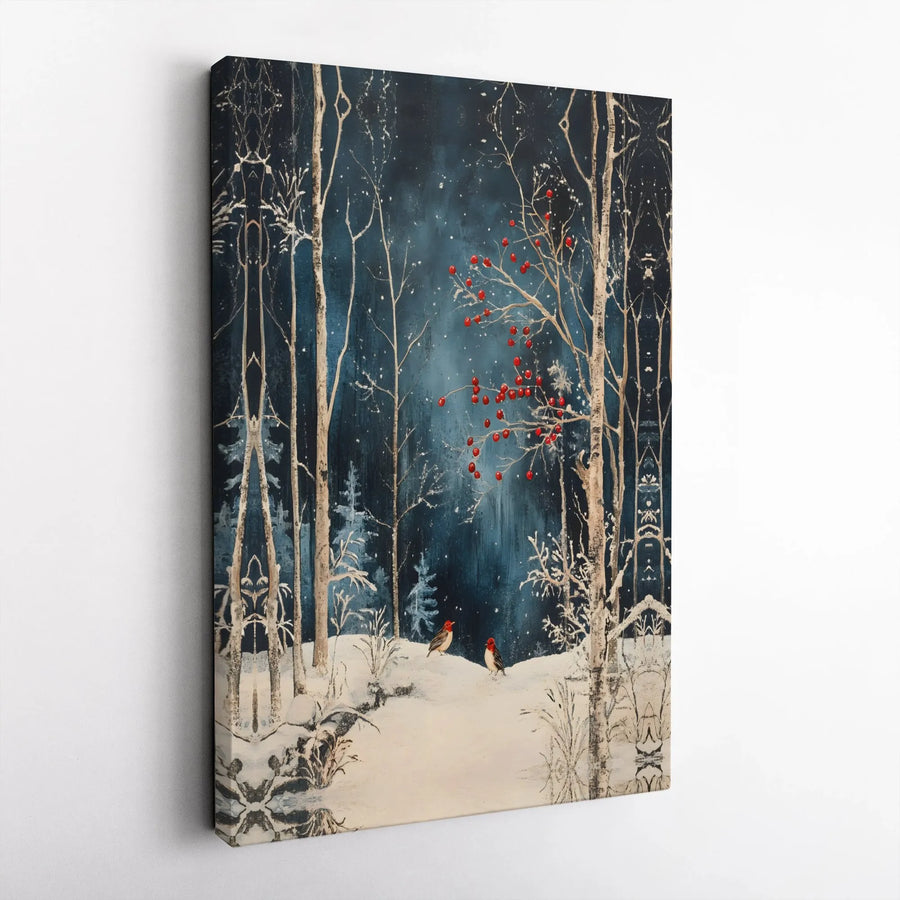 Winter Forest Canvas Wall Art | Snowy Bird & Red Berry Landscape | Gallery Wrapped Premium Decor | Holiday Seasonal Gift for Nature Lovers