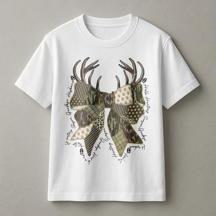 Hunting Season T-Shirt | Camo Coquette Bow Graphic Tee | Premium Cotton Casual Wear | Funny Gift for Hunting Wives and Girlfriend