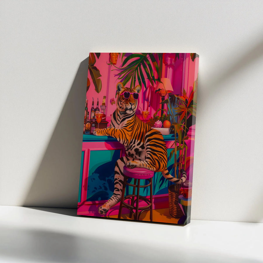 Cool Tiger Bar Vertical Canvas | Quirky Animal in Sunglasses Art Print | Premium Gallery Wrapped Canvas | Maximalist Home Decor Gift