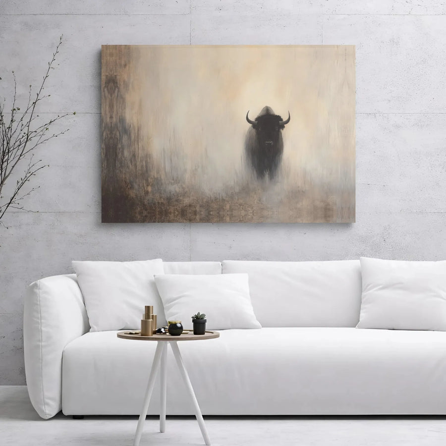 American Bison Canvas Wall Art | Abstract Wildlife In Fog Print | 1.25 Inch Gallery Wrap Premium Decor | Rustic Farmhouse Living Room Gift