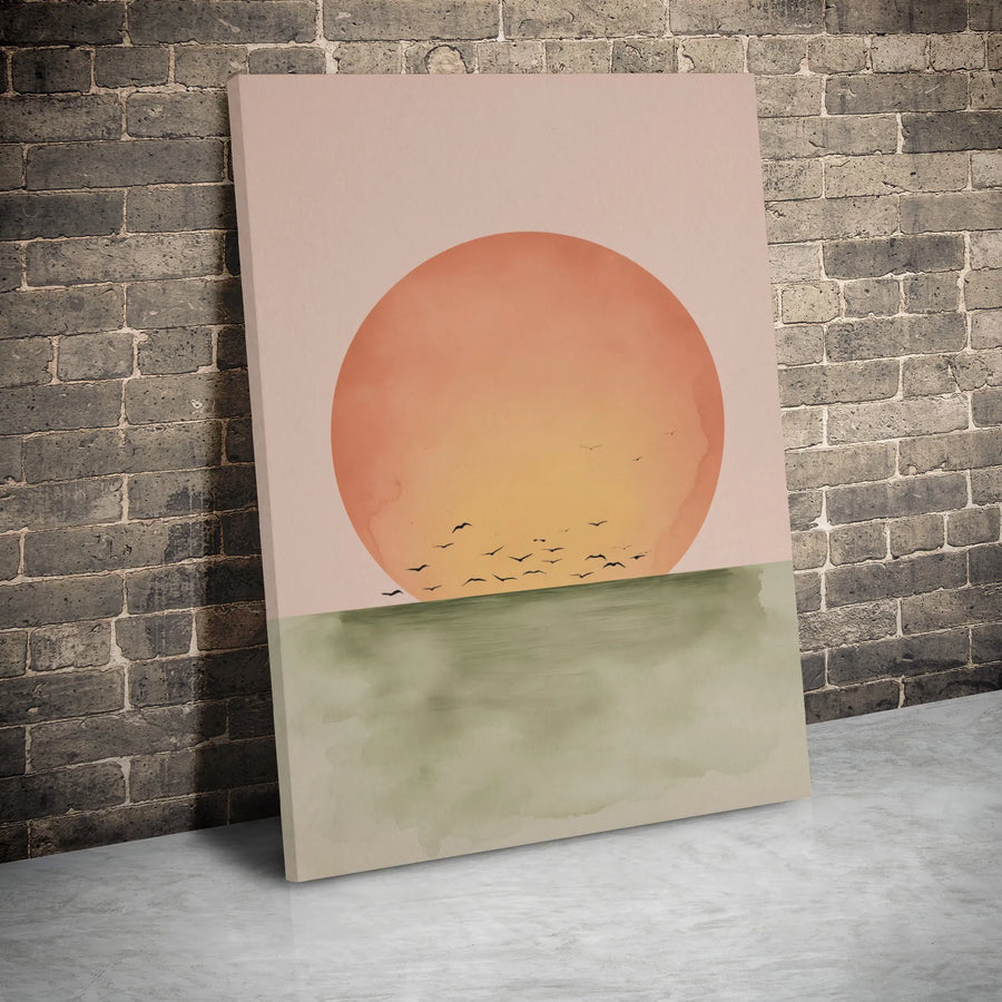 Minimalist Sunset Canvas Wall Art | Watercolor Ocean Scenery with Birds | Premium 1.25" Gallery Wrap | Modern Home Decor Gift