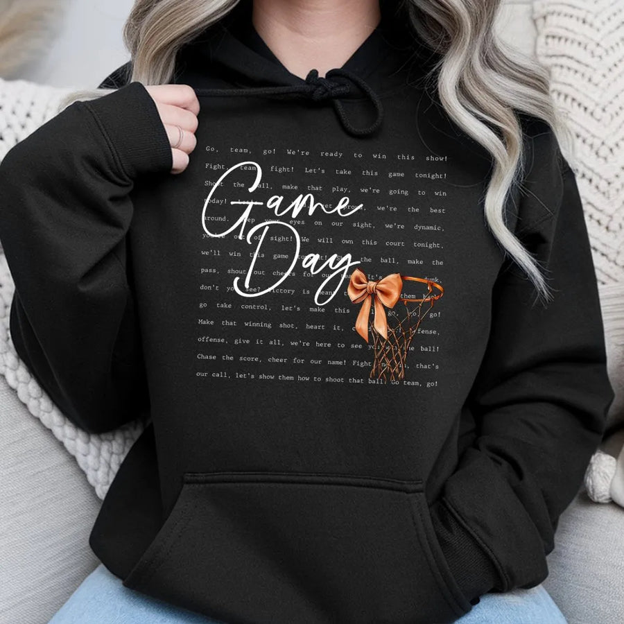 Game Day Basketball Hoodie | Coquette Bow Basketball Hoop Graphic | Premium Cotton Blend | Gift for Basketball Mom & Fan